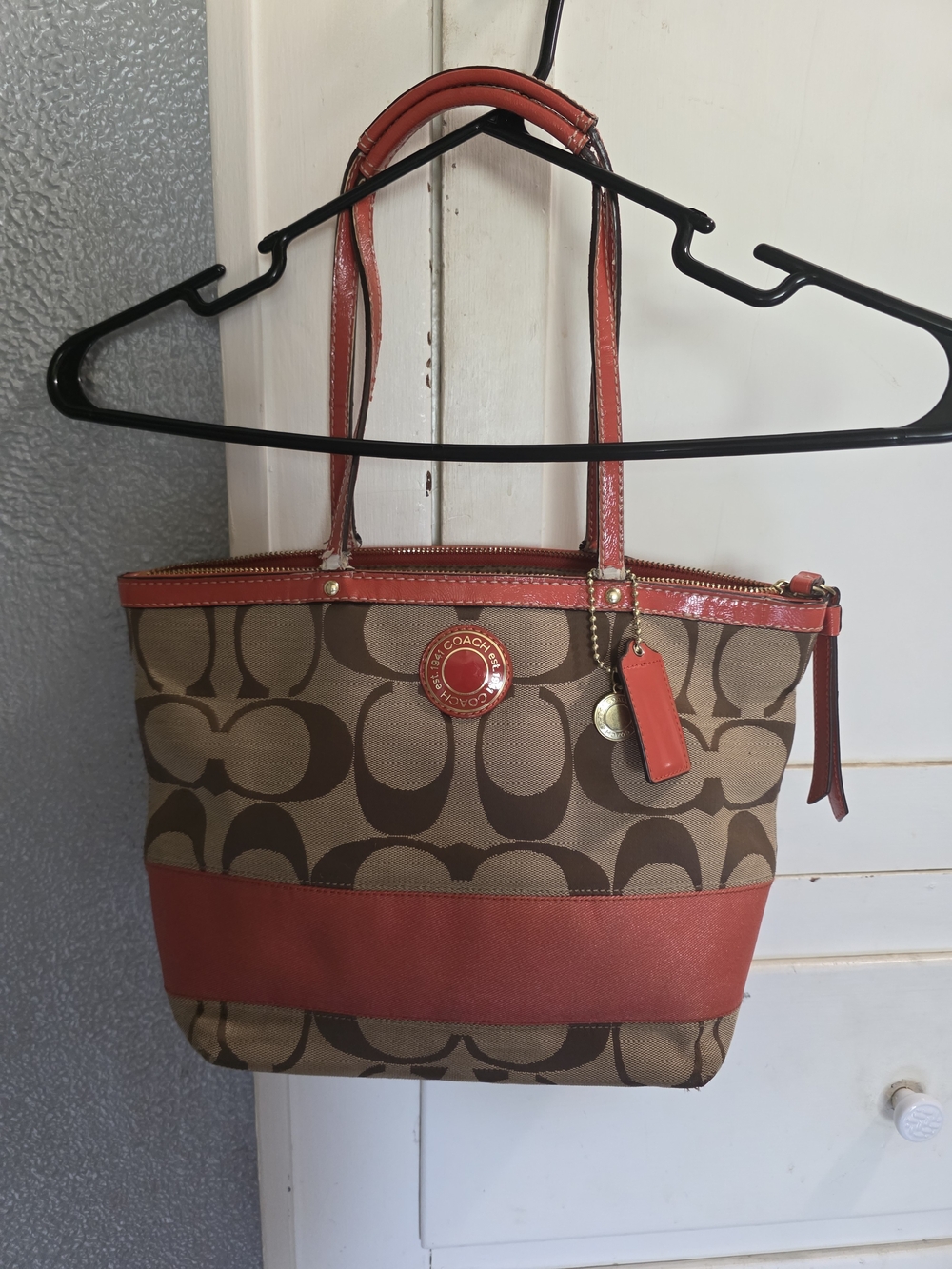 Coach Signature Canvas Tote with Orange Trim and Brown Monogram
